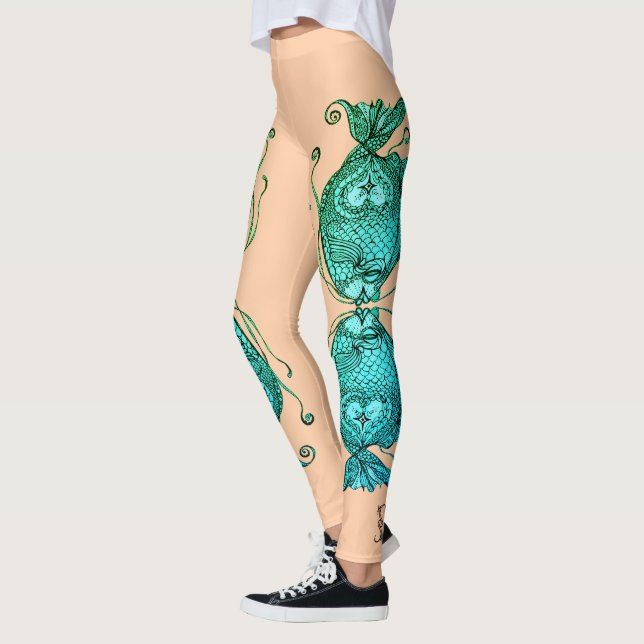 Kissing Fish Art Peach Teal Leggings (Esquerda)