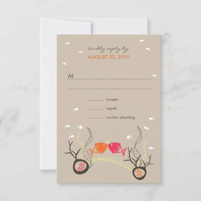 Kissing Fishes Corals Beach Whimsical Weding RSVP (Frente)