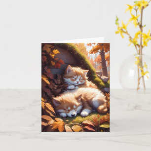Kit Gatinho Adormecido Folhas de Outono Cartão de