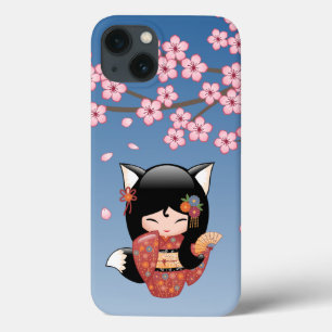 Kitsune Kokeshi Doll - Rapariga Negra Fox Geisha