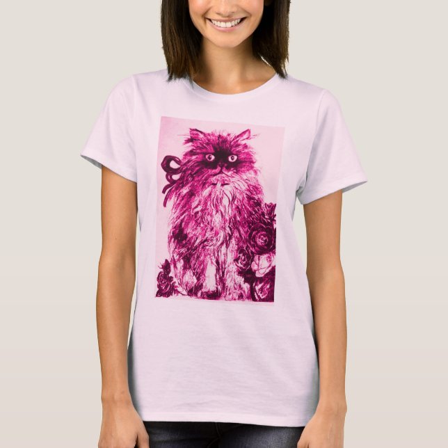 KITTEN COM ROSAS, T-Shirt Branca de Fúchsia Rosa (Frente)