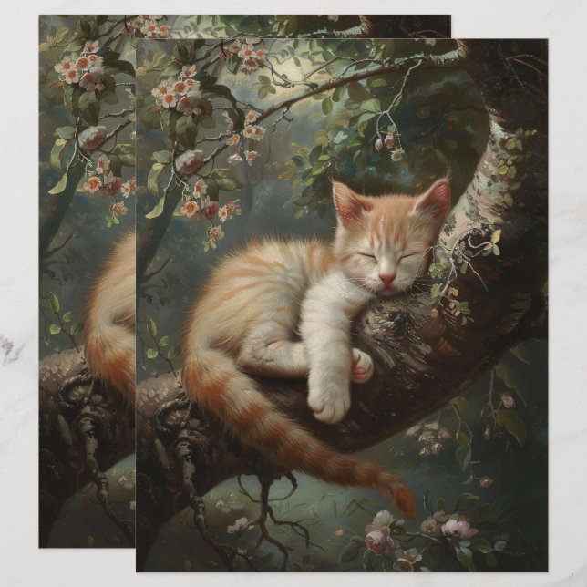 Kitten dormindo em uma árvore de papel de livro di (Frente/Verso)