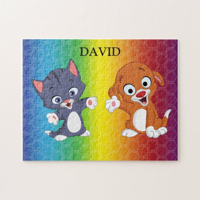 Kitten e Puppy Rainbow quebra-cabeça personalizado (Horizontal)