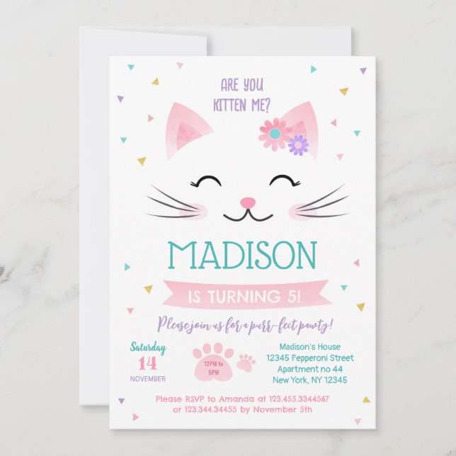Kitten Kitten Convite de Aniversário para Menina (Frente)
