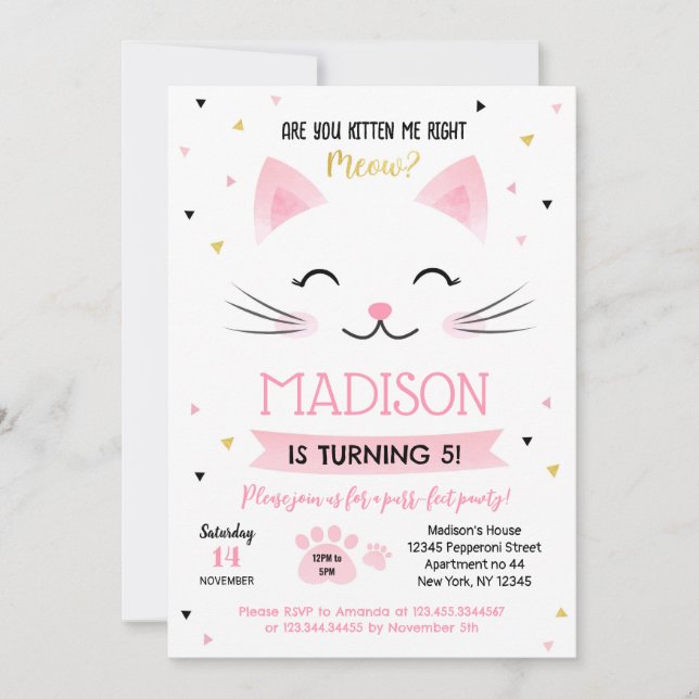 Kitten Kitten Convite de Aniversário para Menina (Frente)