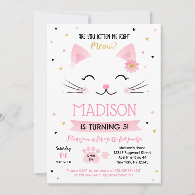 Kitten Kitten Convite de Aniversário para Menina (Frente)