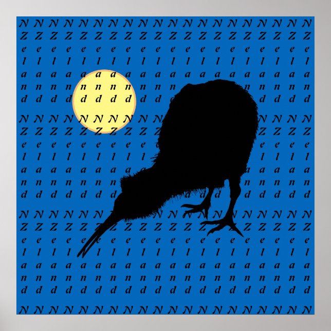 Kiwi Bird, Moon & Nova Zelândia texto /Bro Posters (Frente)