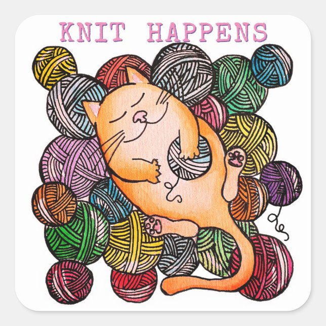 Knit de Doodle Gato Acontece Com Autocolantes Pers (Frente)