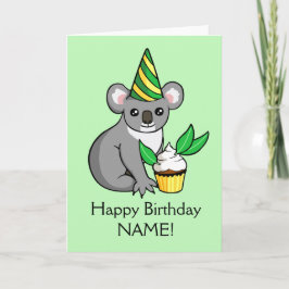 Koala bonito com o bolo que tira o cartão do feliz