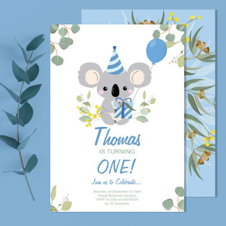 Koala Boy Primeiro Convite Azul de Aniversário