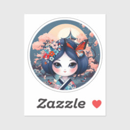 kokeshi com paisagem azul, adesivo kokeshi