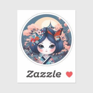 kokeshi com paisagem azul, adesivo kokeshi