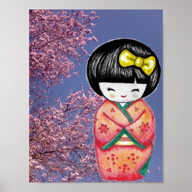 Kokeshi Doll Sakura Cherry Blossoms Impressão (Frente)