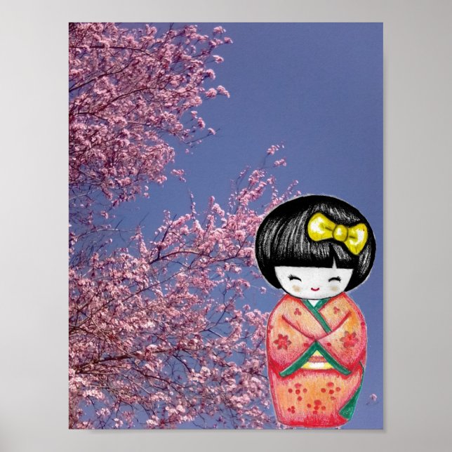 Kokeshi Doll Sakura Cherry Blossoms Poster (Frente)