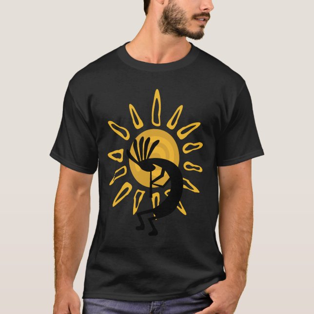 Kokopelli Dourado Sun Mens Black T-shirt (Frente)