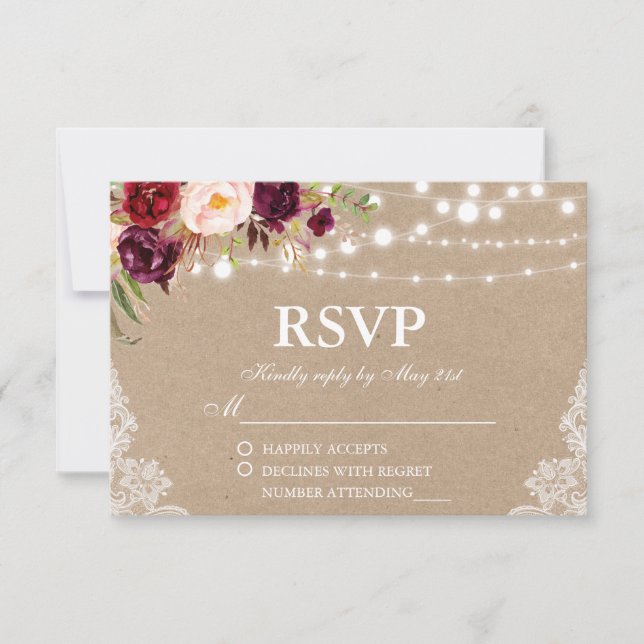 Kraft Rustic Wedds Lights Lace Floral RSVP (Frente)