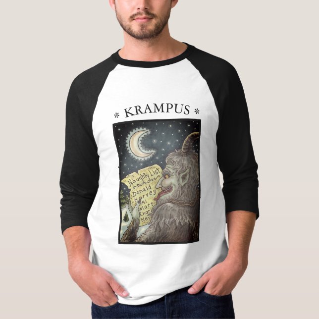 KRAMPUS NAUGHTY LIST, CHRISTMAS 3/4 CAPA T-SHIRT (Frente)