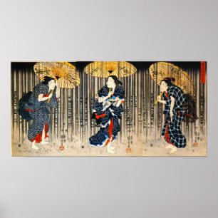 Kuniyoshi Três Mulheres com Poster de Guarda-chuva