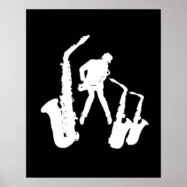 L Jazzman White Silhouette Sax Black Poster (Frente)