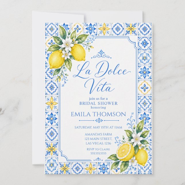 La Dolce Vita Lemon & Blue Convite de Chá de Noiva (Frente)