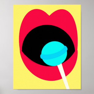 Lábios Vermelhos Azul Lollipop Retro Poster Amare