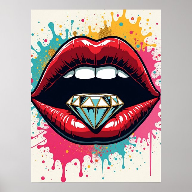 Lábios vermelhos e Poster de diamante Glam Pop (Frente)