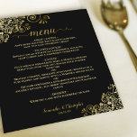 Lace Dourado Elegante no Menu de Casamento de Orça<br><div class="desc">Esses lindos menus de casamento são simples,  elegantes e na moda,  enquanto ainda são amigáveis e baratos. Eles apresentam um design elegante e glamouroso com um local de folha de alumínio falso ouro e caligrafia de script em um fundo preto. O fundo é uma bela cor dourada marmoreada.</div>