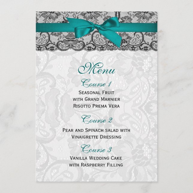 Lace e fita aqua, Menu de Casamento Negro (Frente)