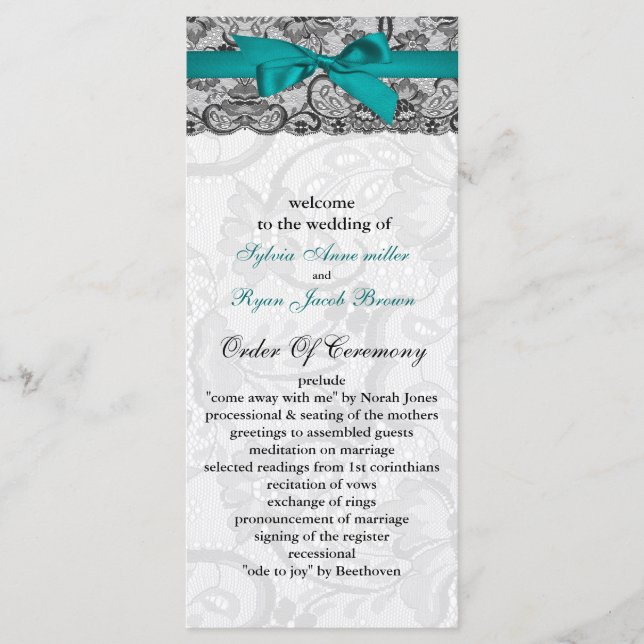 Lace faux e ribbon aqua, programas de casamento pr (Frente)