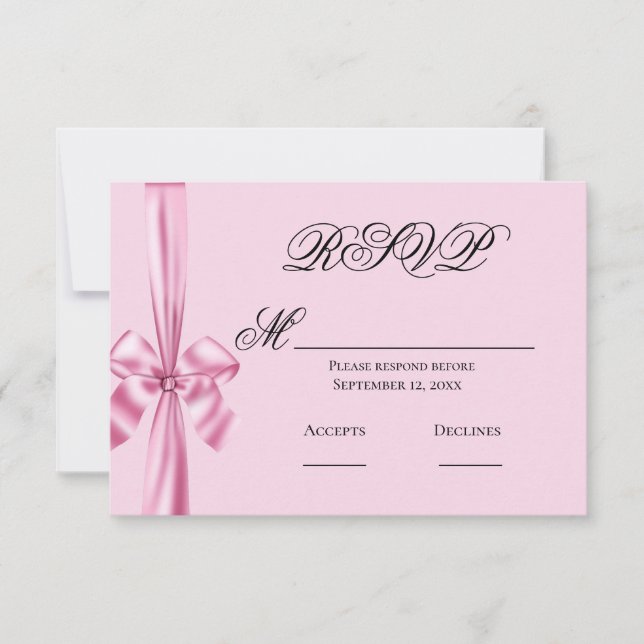Laço de cetim rosa simples RSVP de casamento (Frente)