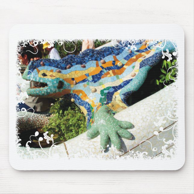 Lagarto de Gaudi - mousepad floral branco (Frente)