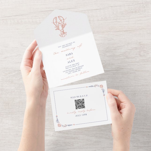 Lagosta Rustic Beach Casamento Red & Blue RSVP (Tearaway)