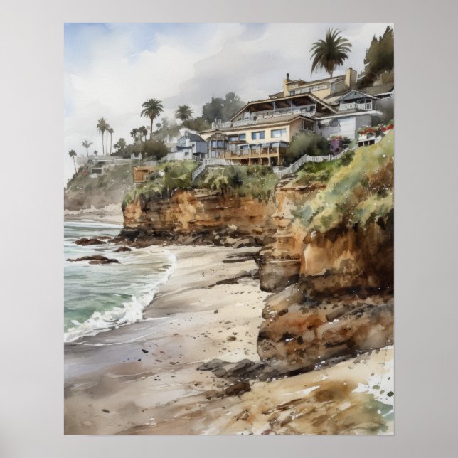 Laguna Beach Watercolor Art Impressão Poster (Frente)