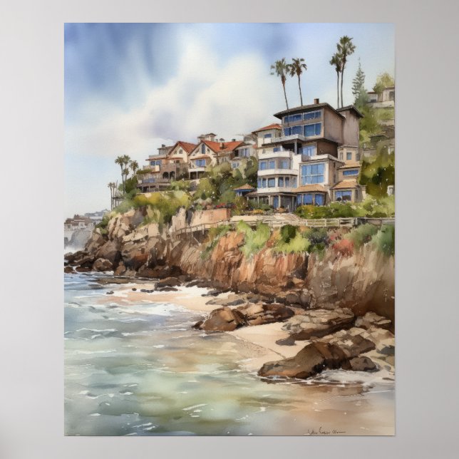 Laguna Beach Watercolor Art Impressão Poster (Frente)