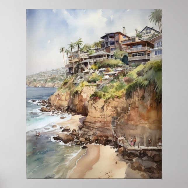 Laguna Beach Watercolor Art Impressão Poster (Frente)