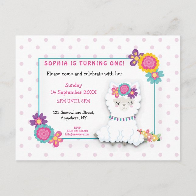 Lama Branco Bonito Primeiro Convite de Aniversário (Frente)