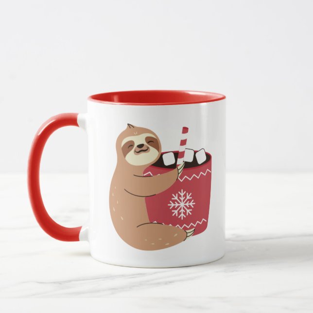 Lama com caneca de cacau quente no Natal (Esquerda)
