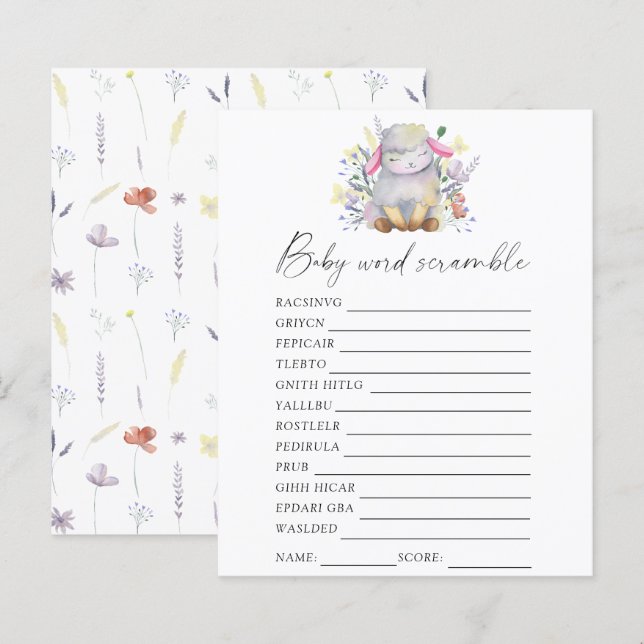 Lamb - Jogo de chá de fraldas do Word scramble (Frente/Verso)