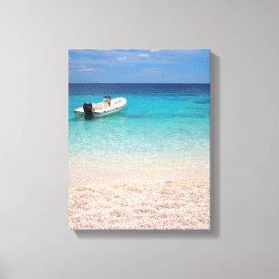 Lancha no impressão azul das canvas do mar