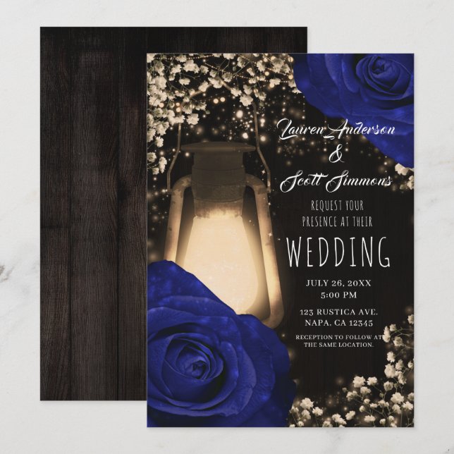 Lanterna Rustic Glow & Rosas Azul-Marinho Convite  (Frente/Verso)