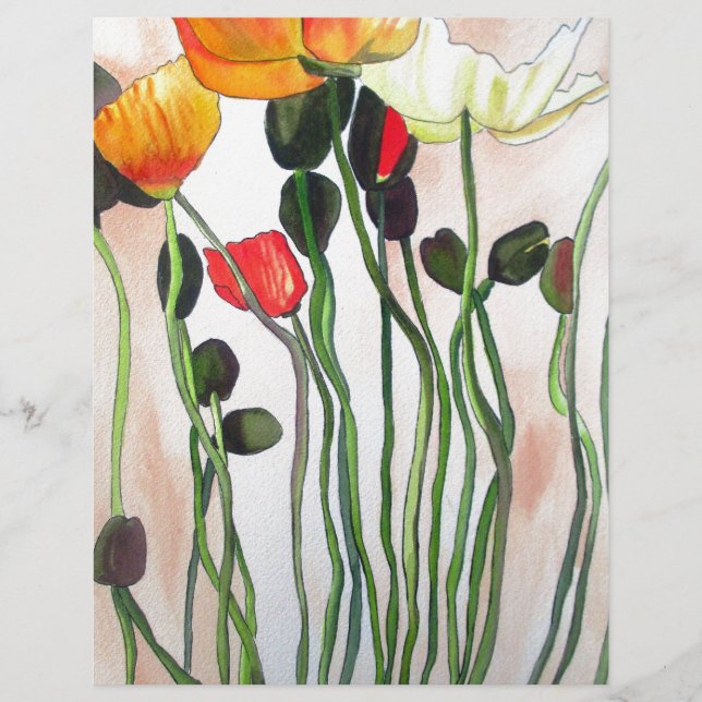 Laranja Flores de papoila pintada com aquarela (Frente)