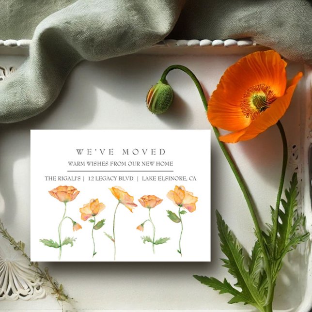 Laranja Poppies Novo Anúncio de Movimentação de Ca (New address business cards watercolor orange poppy art by Victoria Grigaliunas VG Invites)