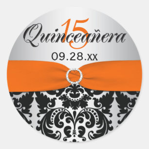 Laranja, prata, etiqueta preta de Quinceanera do