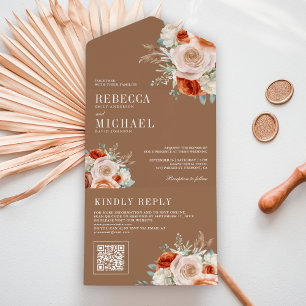 Laranja Queimado Marfim Floral Código QR Casamento