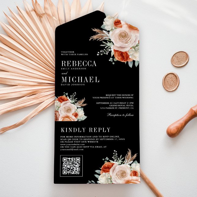 Laranja Queimado Marfim Floral Código QR Casamento (Criador carregado)