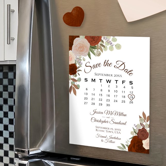 Laranja Rust Floral Salvar o Magnet do Calendário  (Criador carregado)