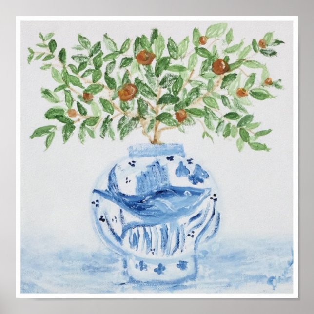 Laranja Tree Topiary Blue Ginger Jar Art Impressão (Frente)