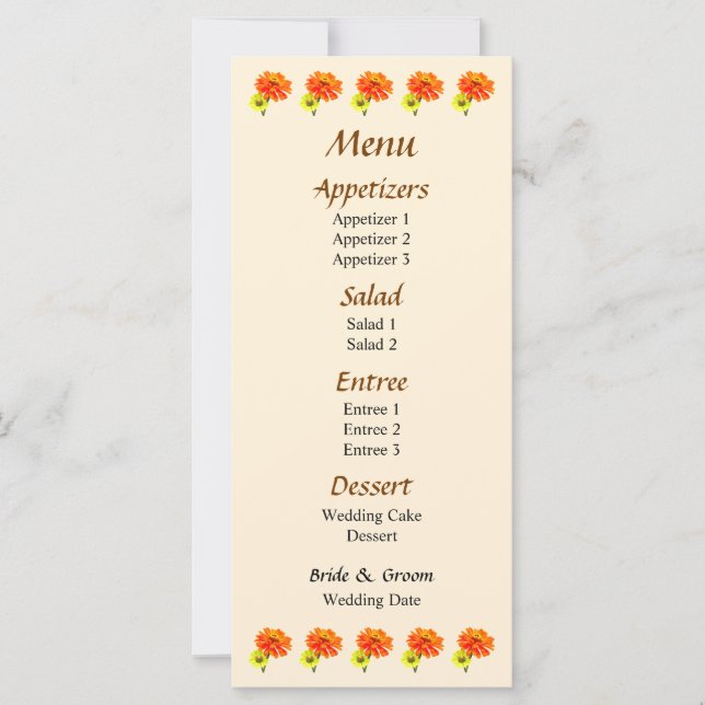 Laranja Zinnia e Yellow Zinnia Menu Casamento (Frente)