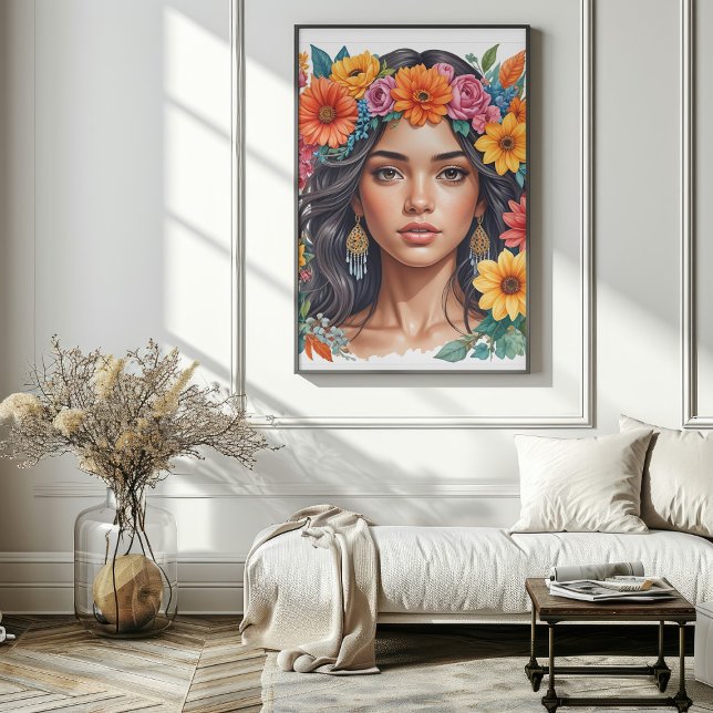 Latino Americano Girl Watercolor Art Impressão (Latino American Girl Watercolor Art Print Mockup 1)