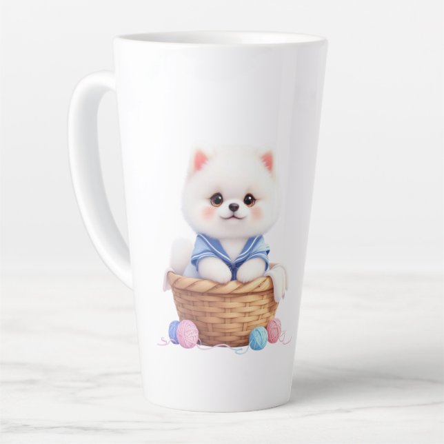 Latte Caneca de Café com Cachorrinho Fofo em Cesto (Ângulo esquerdo)